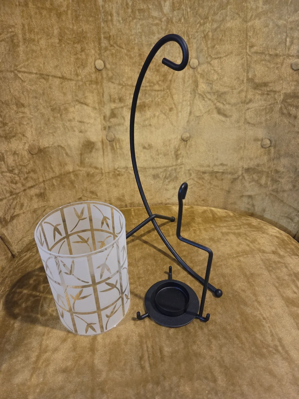 PartyLite Black Metal Hanging Candle Holder with Frosted Glass Bamboo Lantern